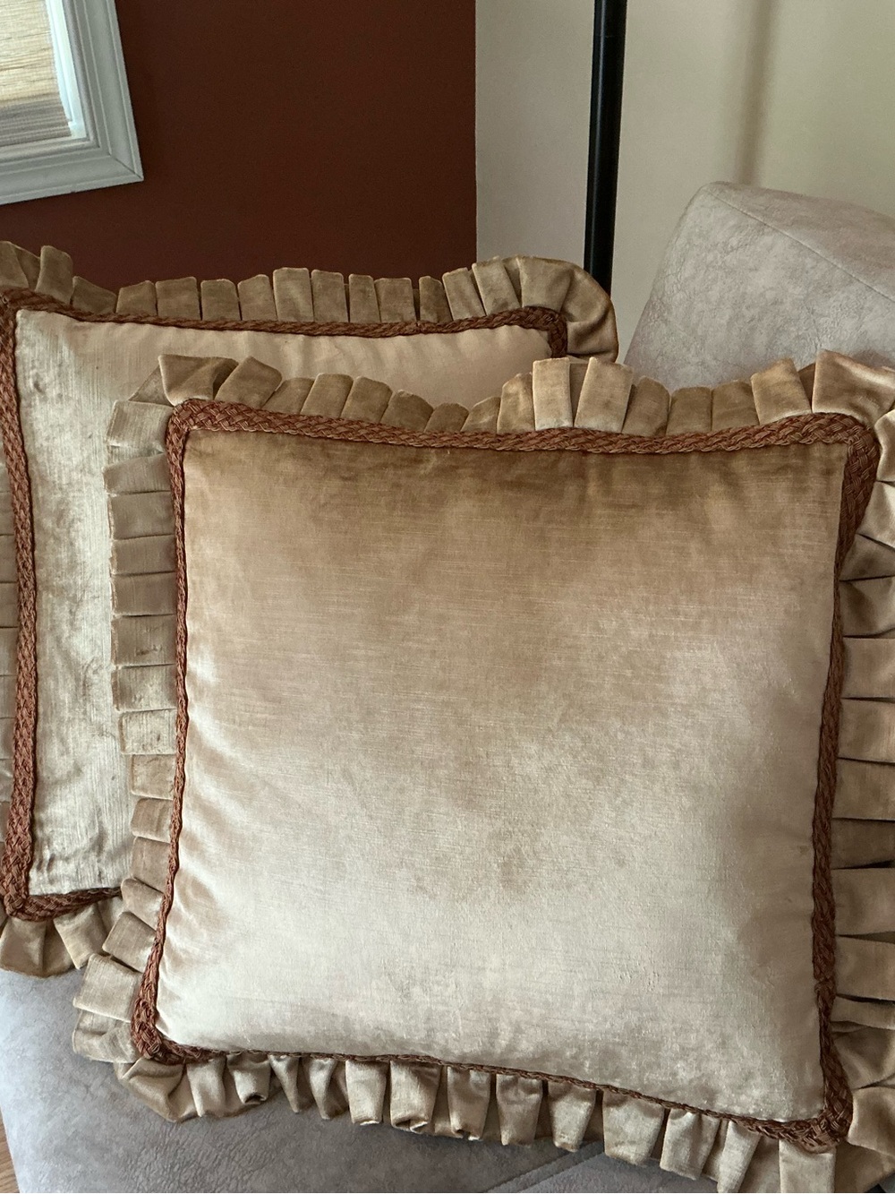 A pair of Luxury Velvet Ruffle Custom Made Throw Pillows - Champagne / gold